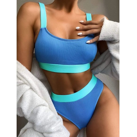 Ribbed Color Block 2pc High Waist Bikini Swimsuit Bathing Suit - Picture 3 of 7